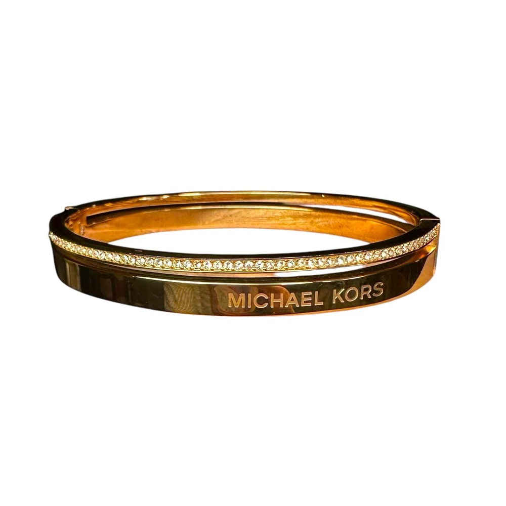 Michael Kors Hinged Bangle Bracelet Rose Gold Toned Row Crystals Designer